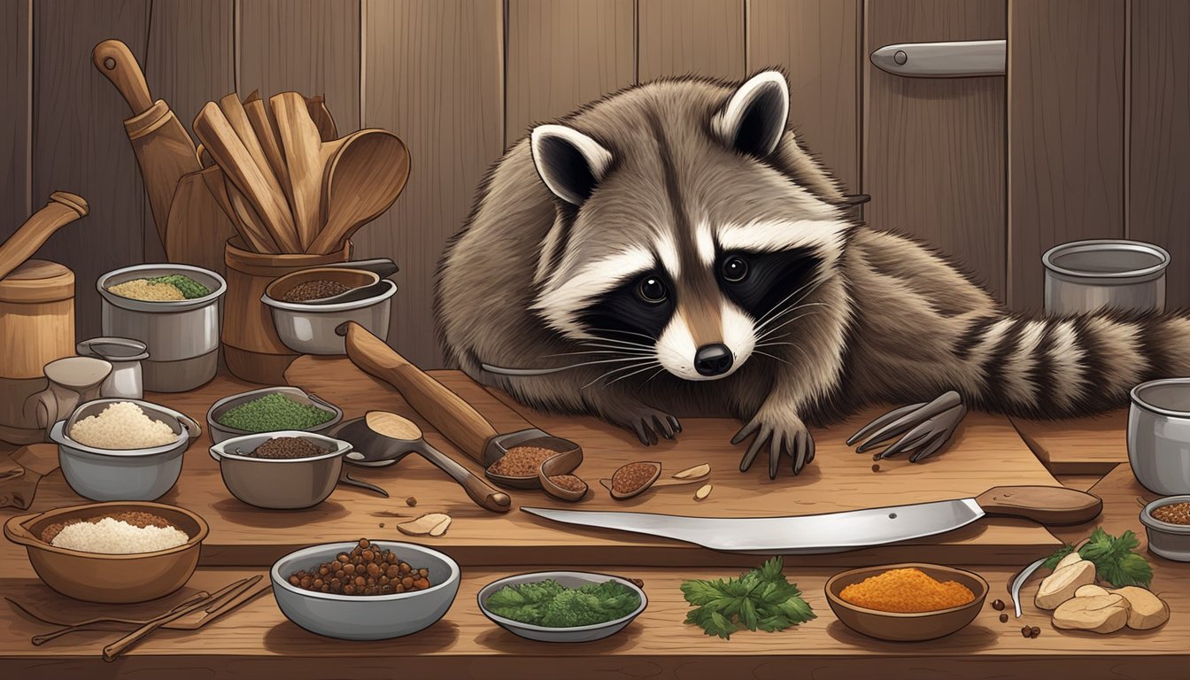 A raccoon carcass being skinned and butchered on a wooden table, with various cooking utensils and spices laid out nearby