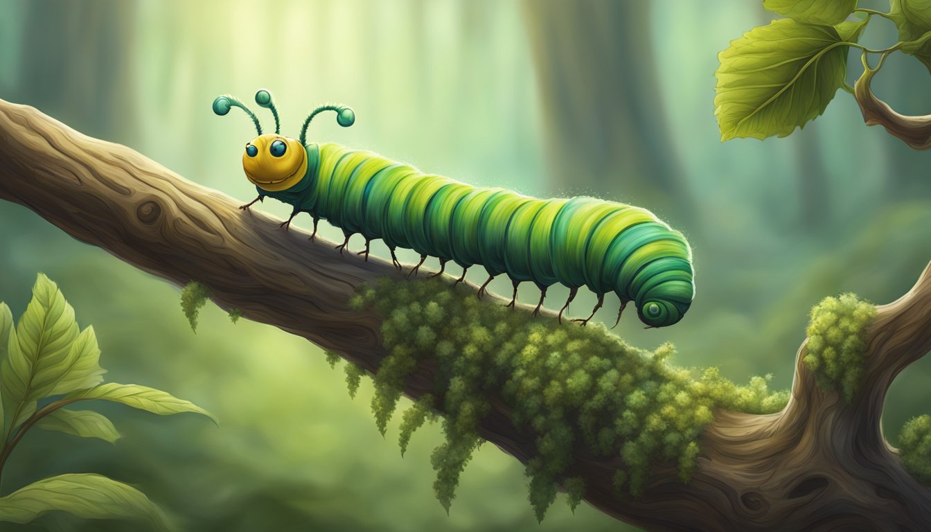 A caterpillar fungus growing on a branch, being consumed by a strange creature