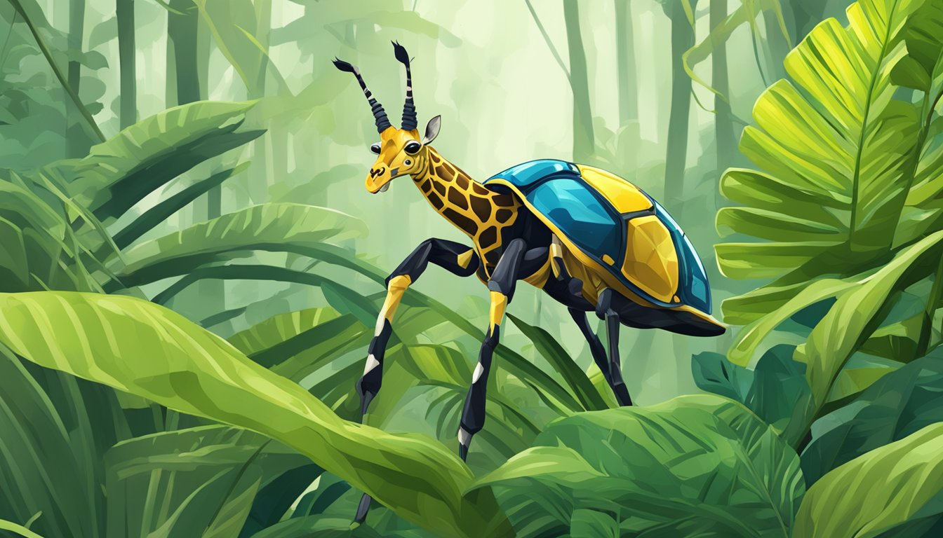 A giraffe beetle munching on leaves in a lush, tropical forest