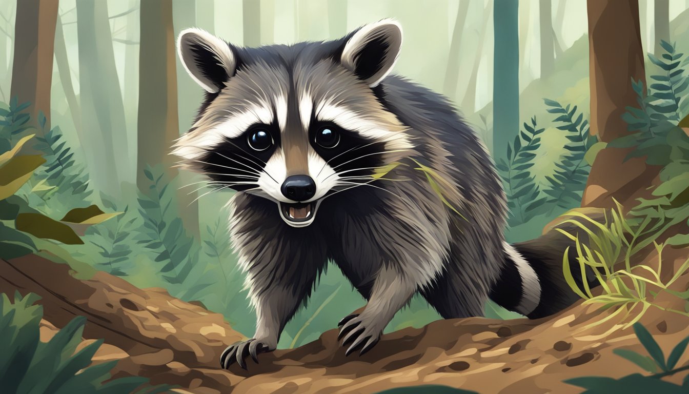 A raccoon scavenging through a forest, its sharp claws digging into the earth as it searches for food