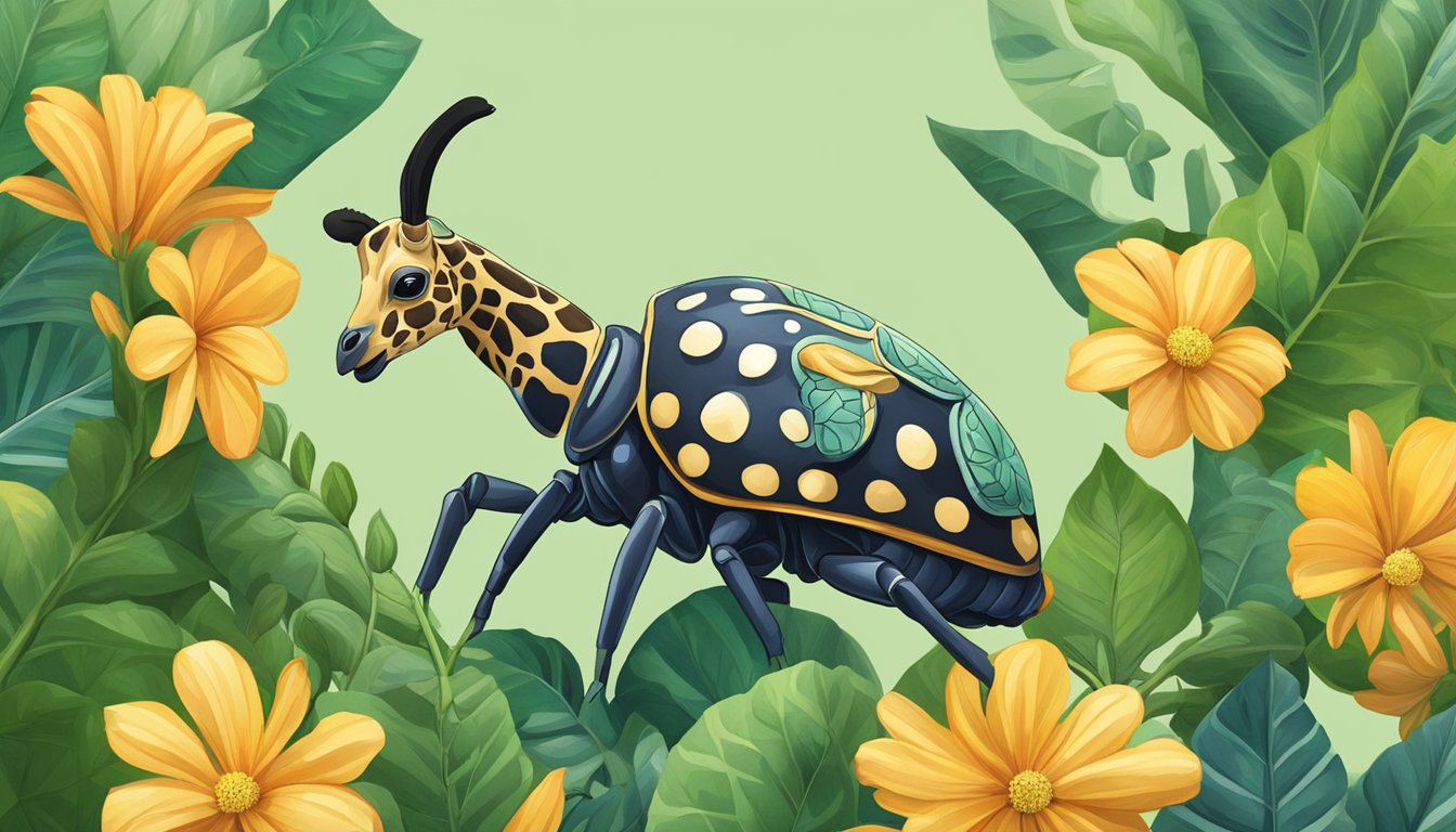 A giraffe beetle perches on a leafy branch, surrounded by lush green foliage and vibrant flowers