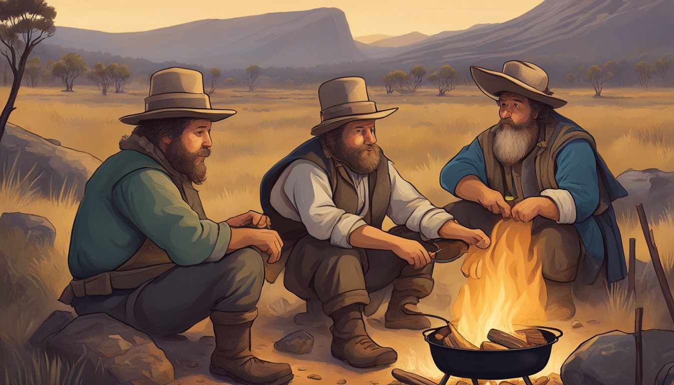 A group of settlers gather around a campfire, cooking a pot of quokka stew over the flames. The rugged landscape and old-fashioned clothing indicate a historical setting