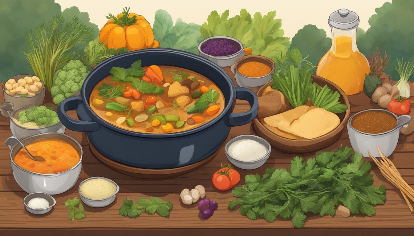 A bubbling pot filled with quokka stew surrounded by various alternative ingredients like vegetables, herbs, and spices on a wooden table