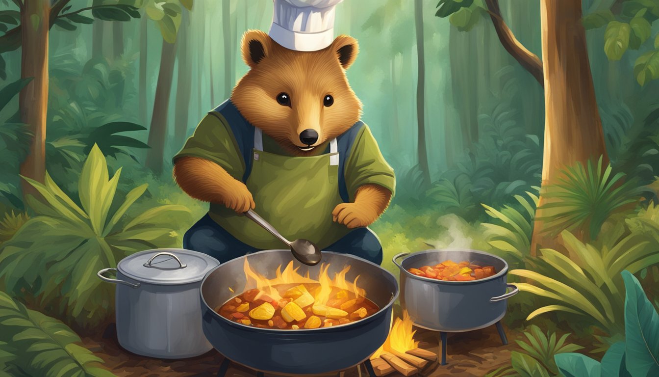 A chef stirring a pot of quokka stew over a campfire in a lush, tropical forest clearing