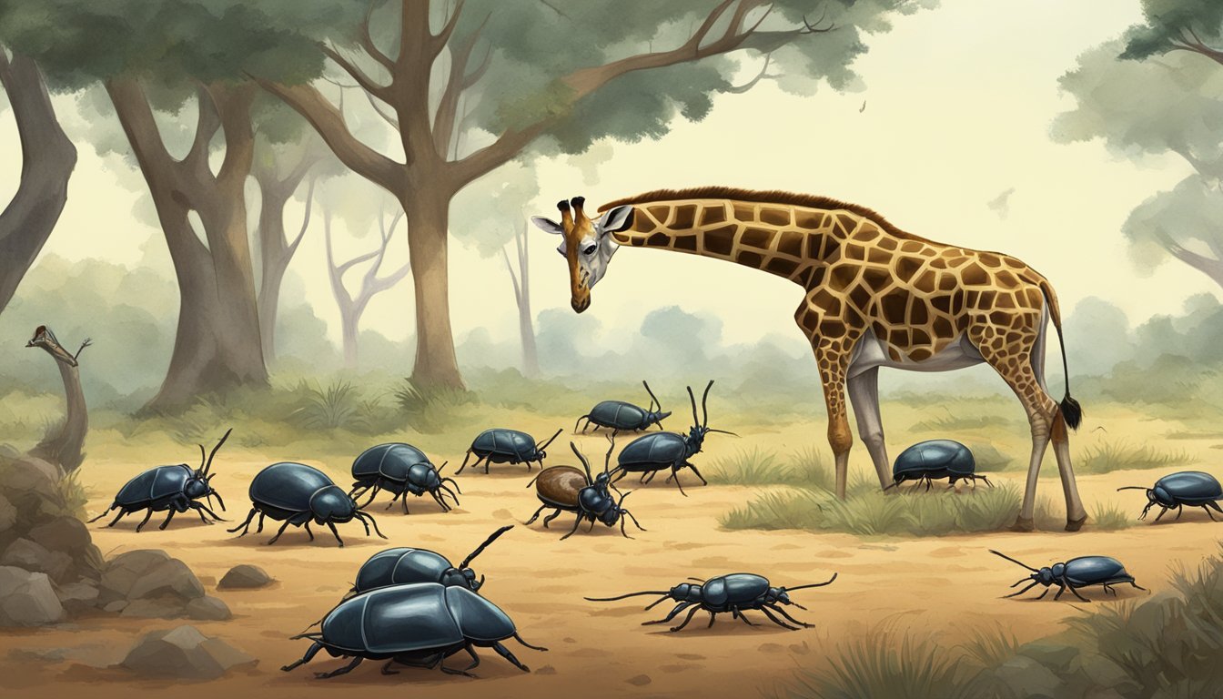 A giraffe leans down to nibble on a group of large beetles crawling on the ground