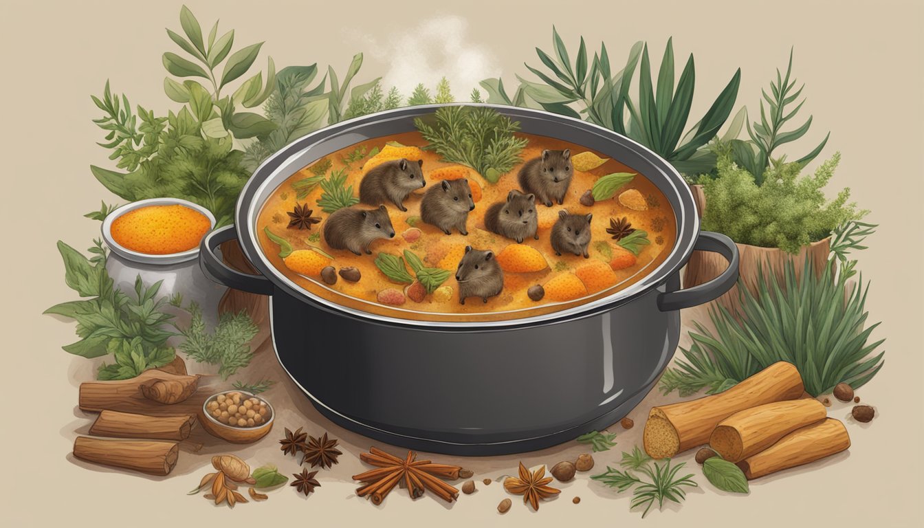 A bubbling pot of quokka stew surrounded by exotic spices and herbs