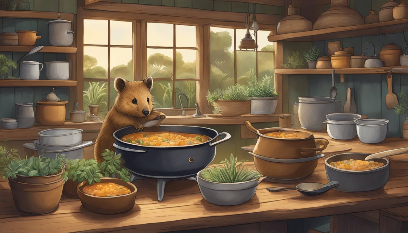 A quokka stew being prepared in a rustic kitchen, surrounded by native Australian flora and fauna