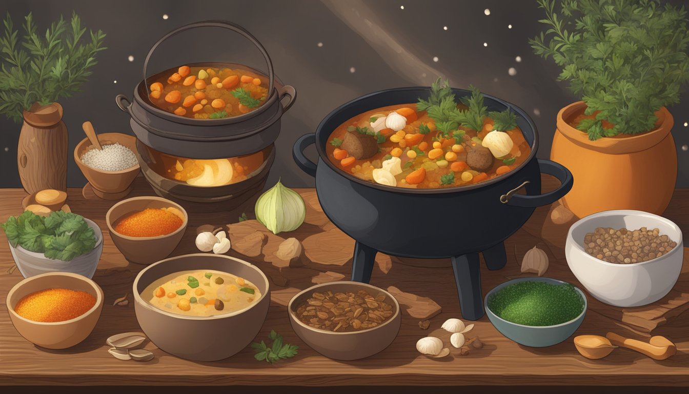 A bubbling cauldron filled with quokka stew surrounded by various ingredients and spices on a wooden table