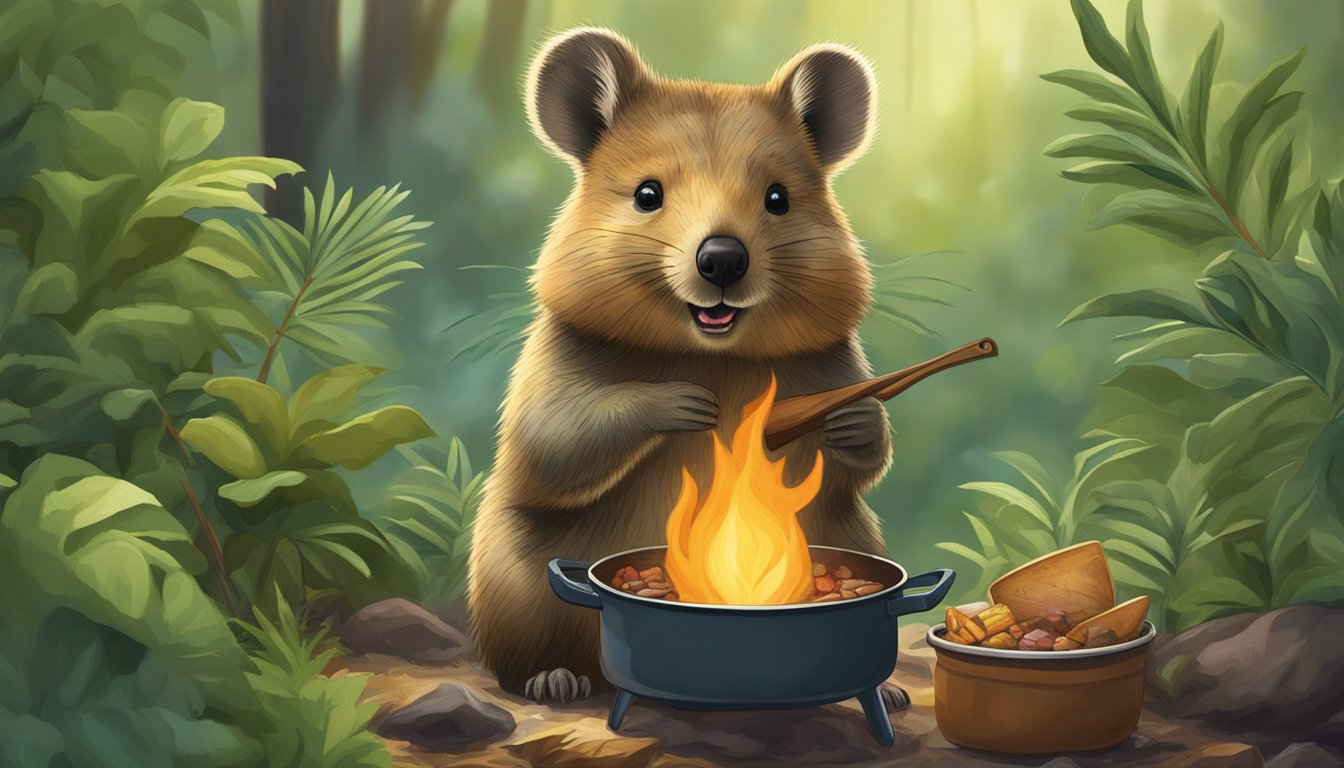 A quokka surrounded by lush greenery, with a pot of stew bubbling over a campfire