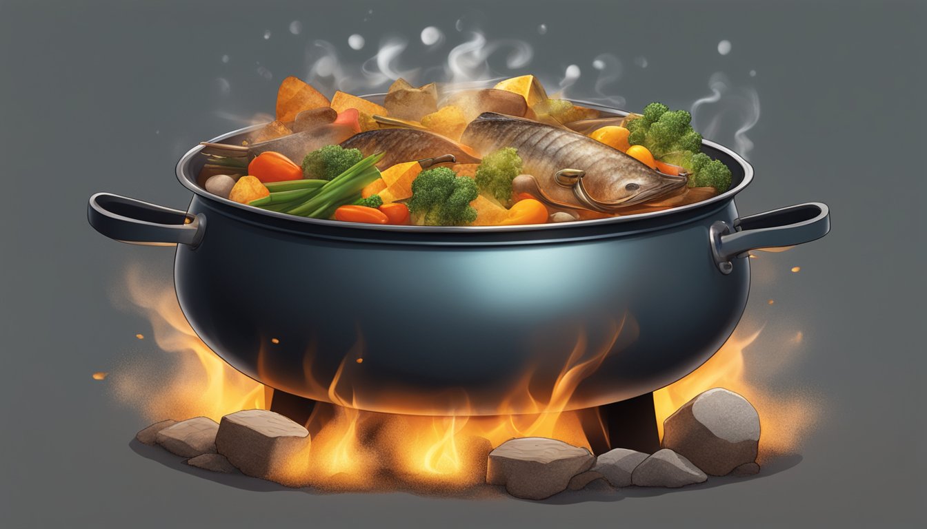 A large pot bubbling over a fire, filled with chunks of piranha meat, vegetables, and spices. Steam rising and a rich aroma filling the air