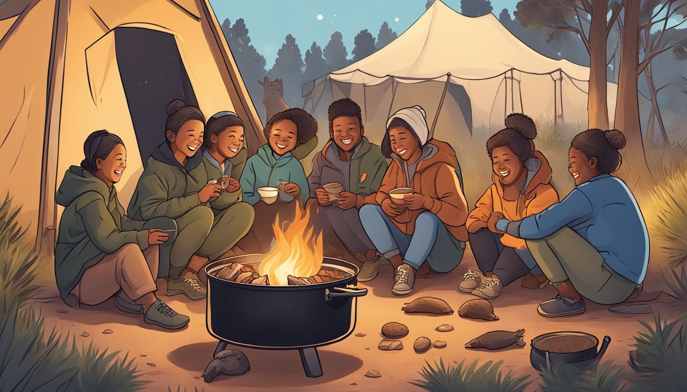 A group of people gathered around a campfire, cooking a pot of quokka stew while sharing stories and laughter