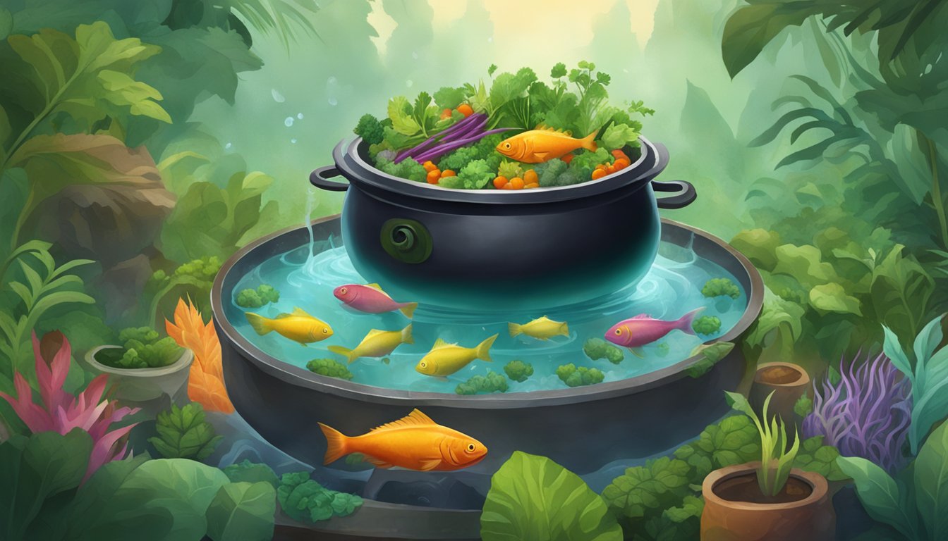 A bubbling cauldron filled with piranhas, vegetables, and herbs, surrounded by a misty jungle backdrop