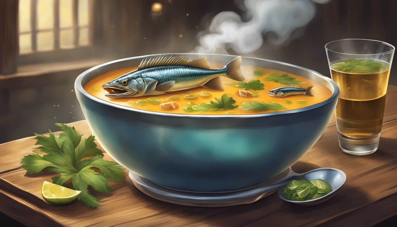 A large bowl of piranha soup being served on a wooden table, with steam rising from the hot liquid and a few piranha fins peeking out