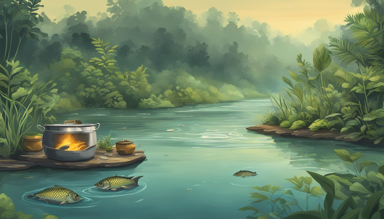 A murky river with piranhas swimming, surrounded by lush vegetation and a pot of soup simmering over a fire