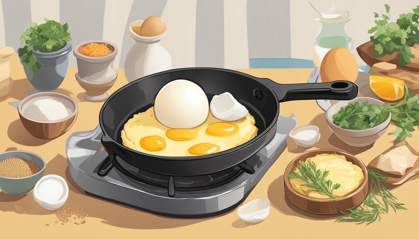 An ostrich egg cracked open on a sizzling skillet, surrounded by various ingredients ready to be folded into a large, fluffy omelette