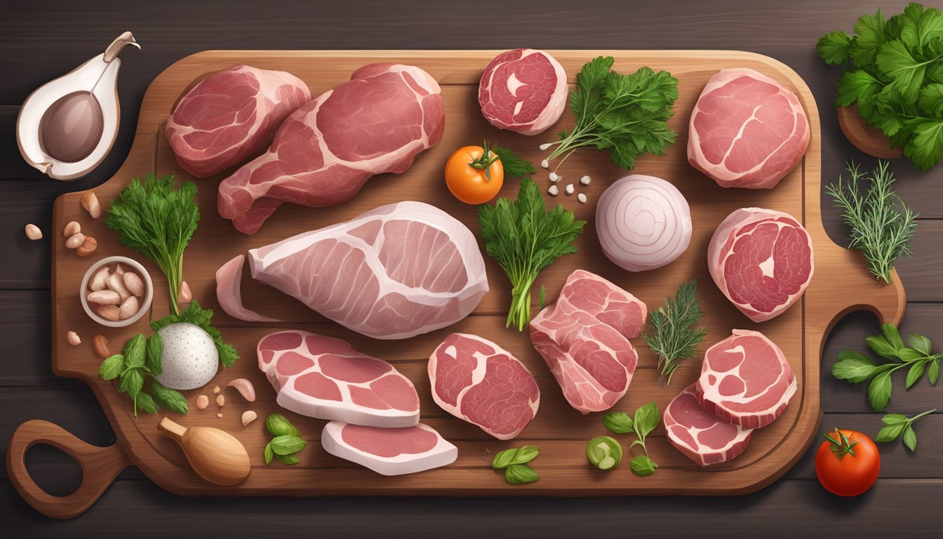 A variety of lesser-known cuts of meat, including offal and organ meats, arranged on a wooden cutting board with fresh herbs and vegetables