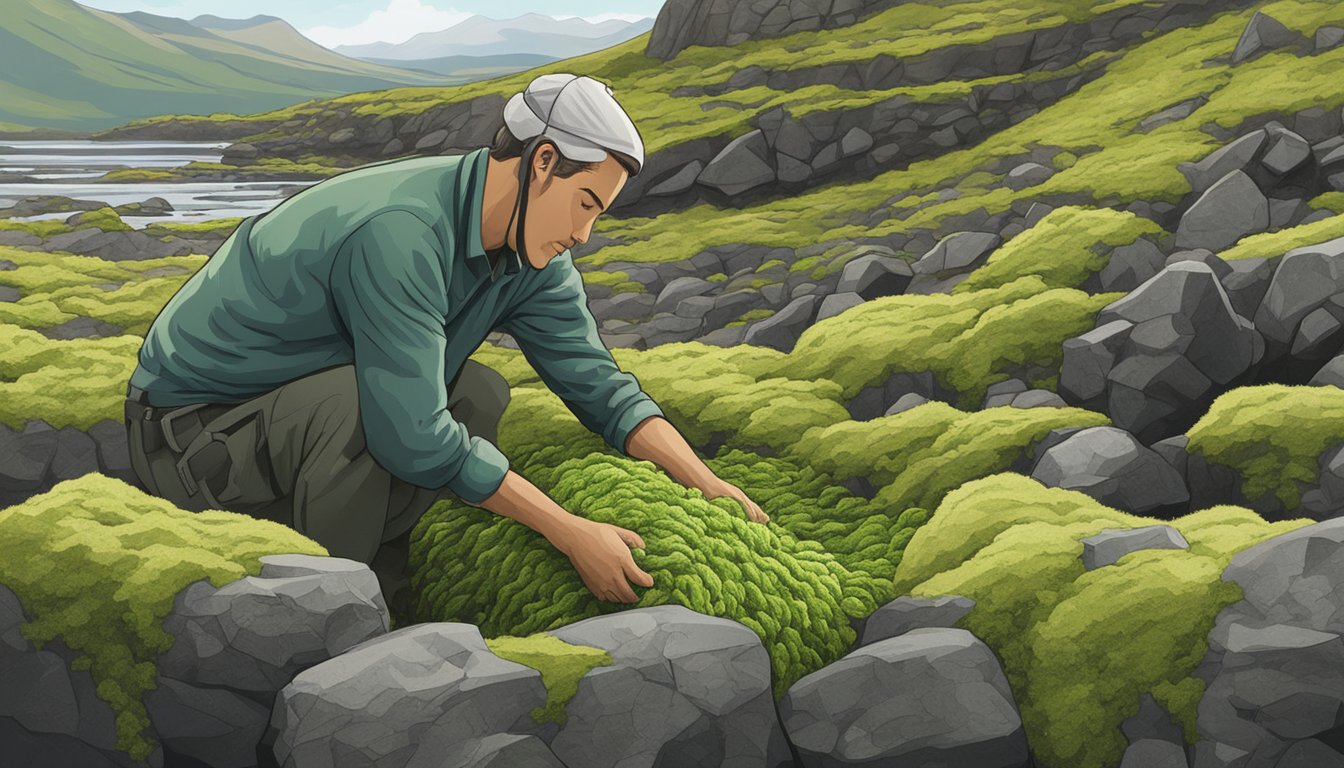 Iceland moss being harvested from rocky terrain by a figure with a basket