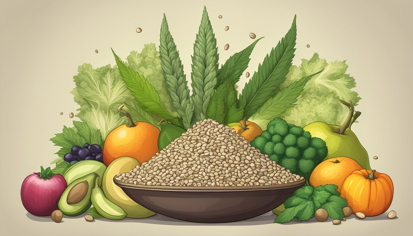 A pile of hemp seeds surrounded by various fruits and vegetables, with a nutrition label in the background