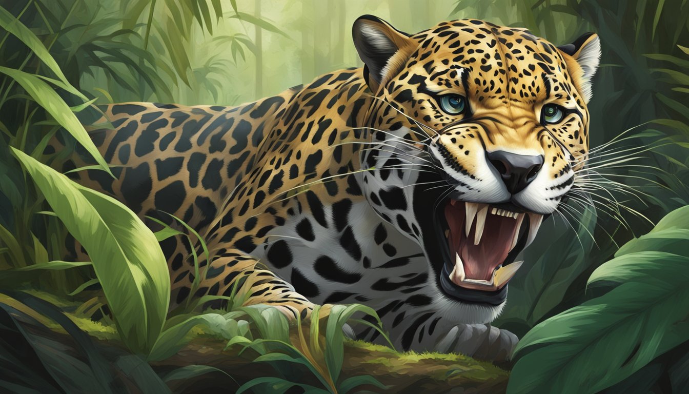 A jaguar crouches in the dense jungle, tearing into the flesh of its freshly caught prey, its powerful jaws and sharp teeth on full display