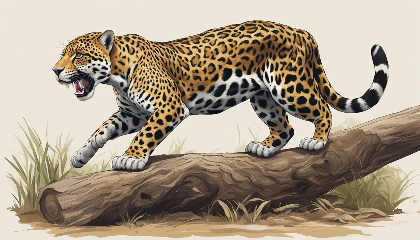 A jaguar crouches near a carcass, tearing into the flesh with powerful jaws