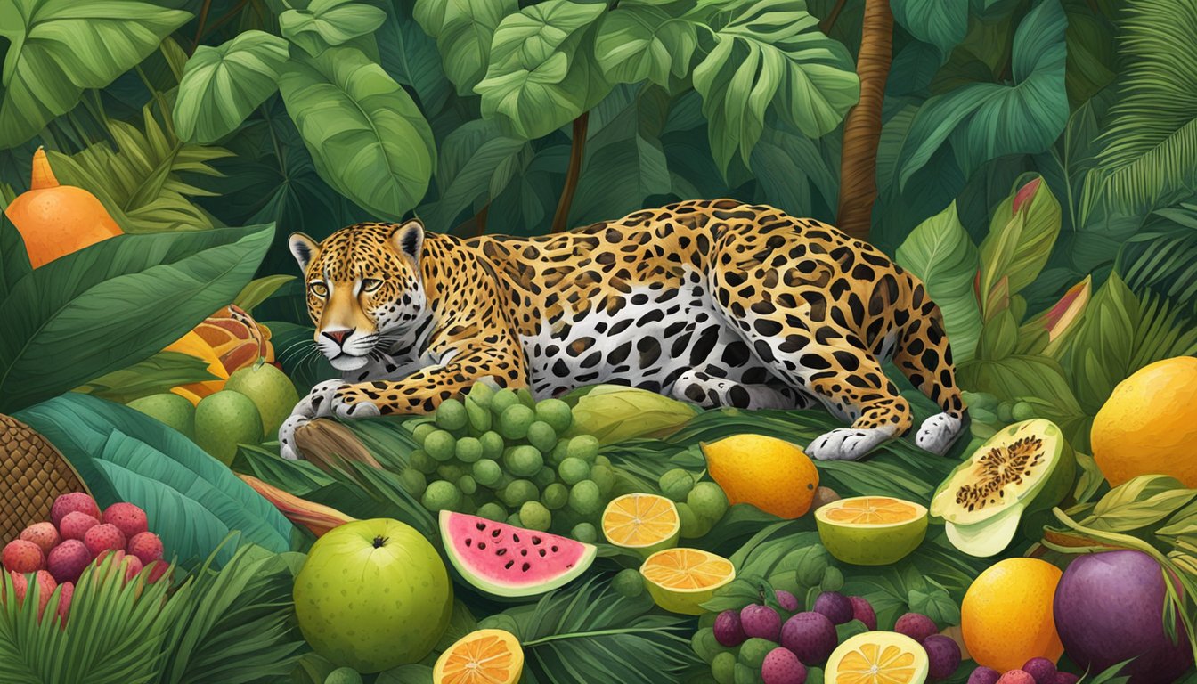 A jaguar carcass surrounded by tropical fruits and cooking utensils in a lush jungle clearing