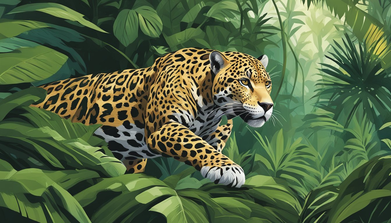 A jaguar prowls through the dense jungle, its sharp teeth bared as it stalks its prey