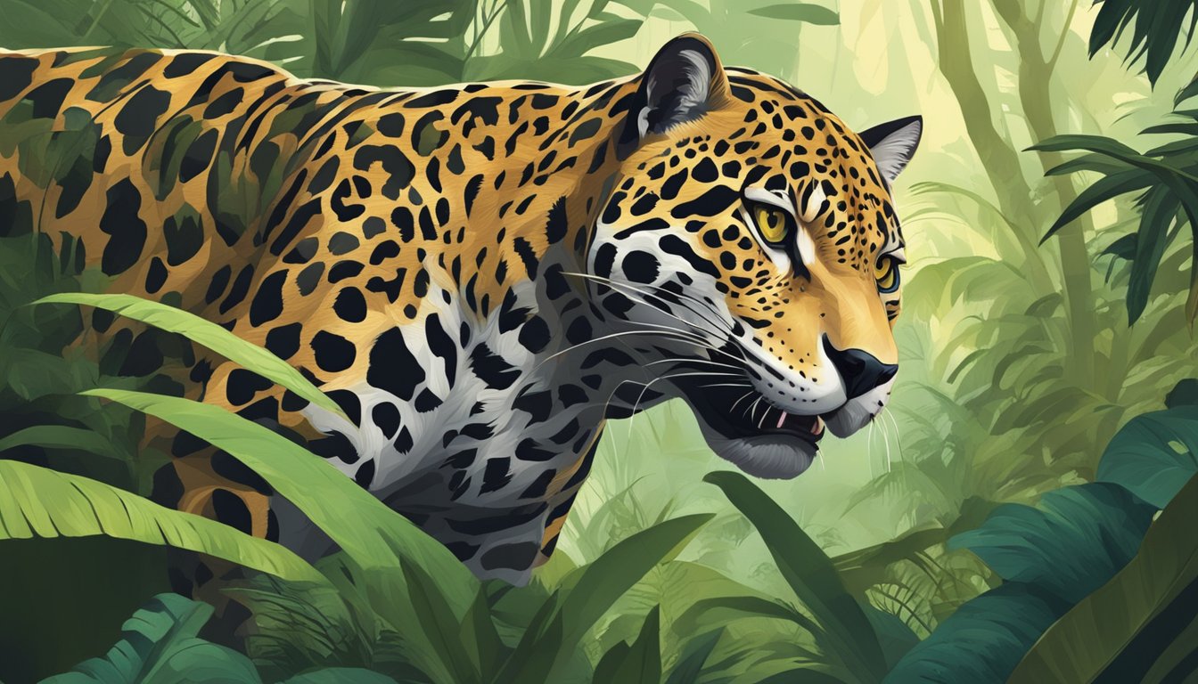 A jaguar prowls through a dense jungle, its sharp teeth tearing into the flesh of a strange, exotic animal