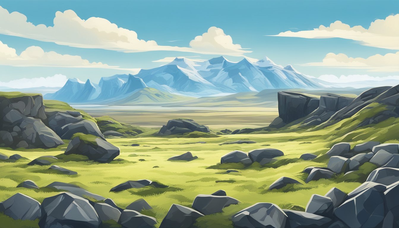 A tranquil landscape of rocky terrain with patches of iceland moss growing in between, under a clear blue sky