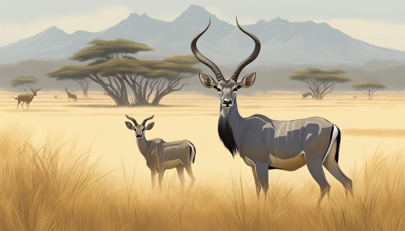 A kudu grazing in a savanna, its muscular frame outlined against the golden grass, while a hunter watches from a distance