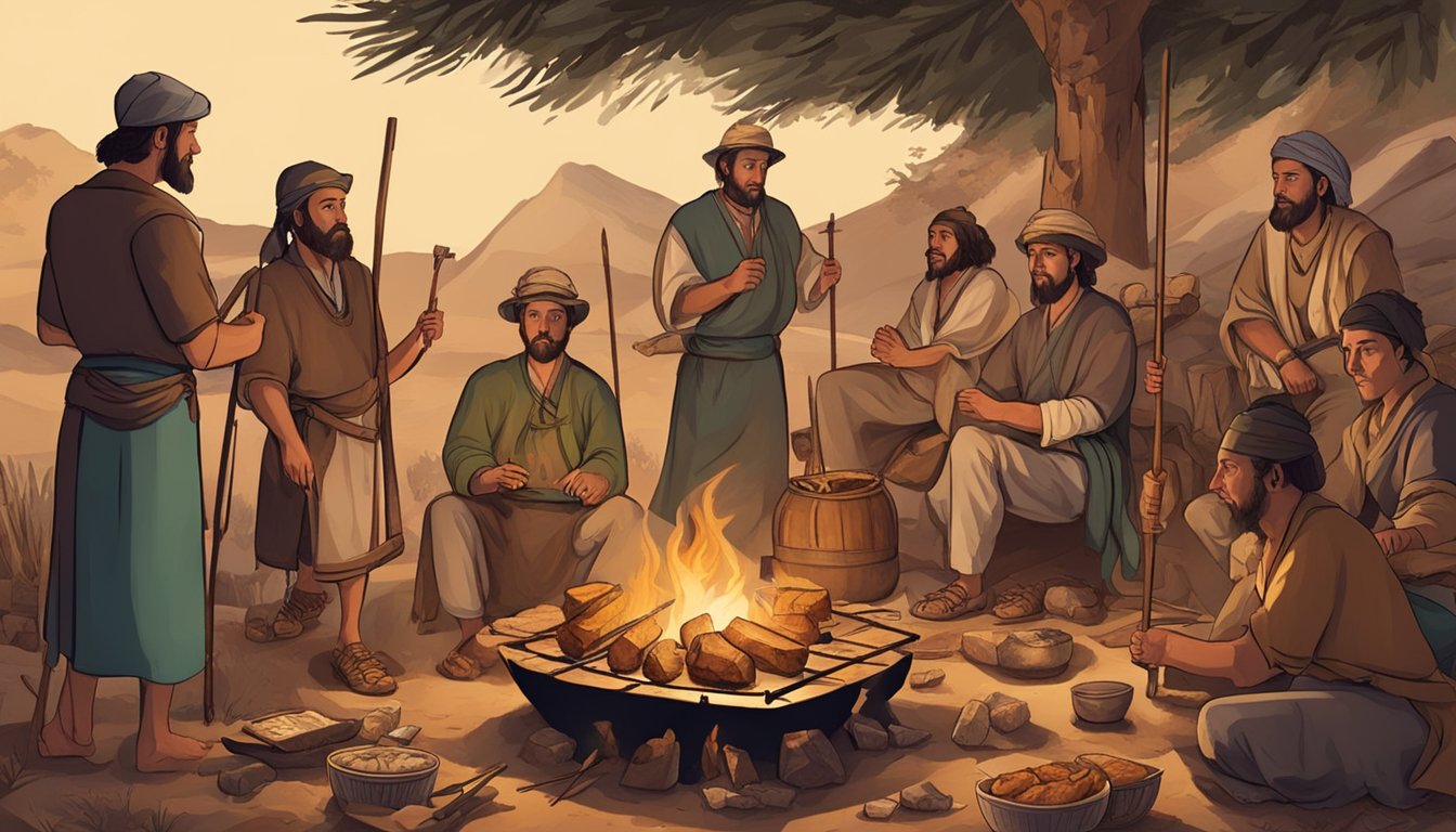 A group of people gathered around a fire, roasting lion meat on skewers, with ancient artwork and tools displayed in the background