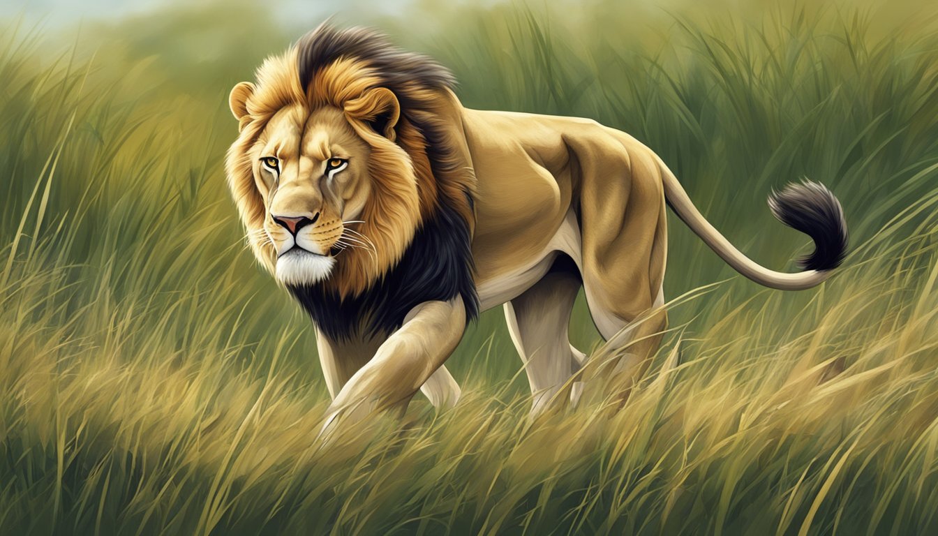 A lion prowls through a grassy savannah, its powerful jaws tearing into the carcass of a strange animal