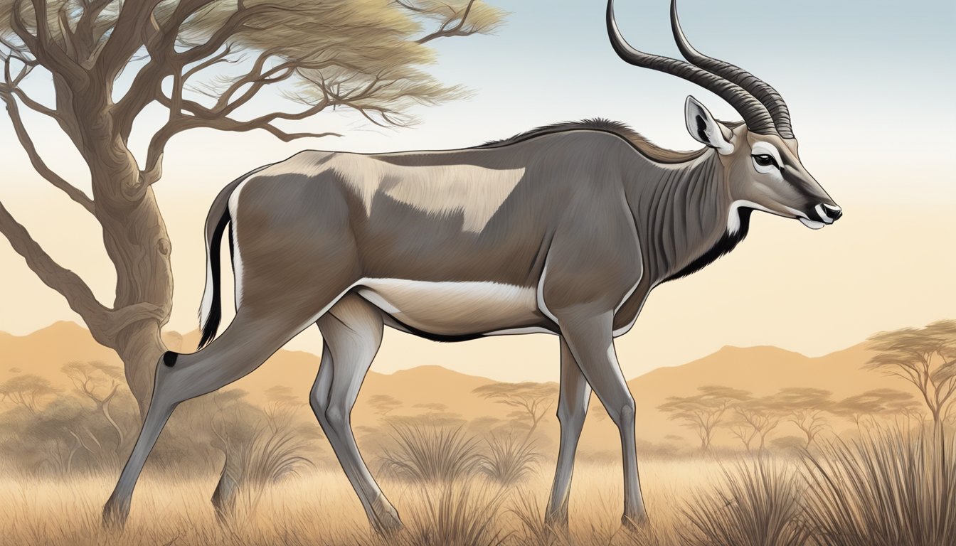 A kudu grazing in a dry savanna, surrounded by acacia trees. Its powerful, muscular body is highlighted as it chews on a piece of biltong