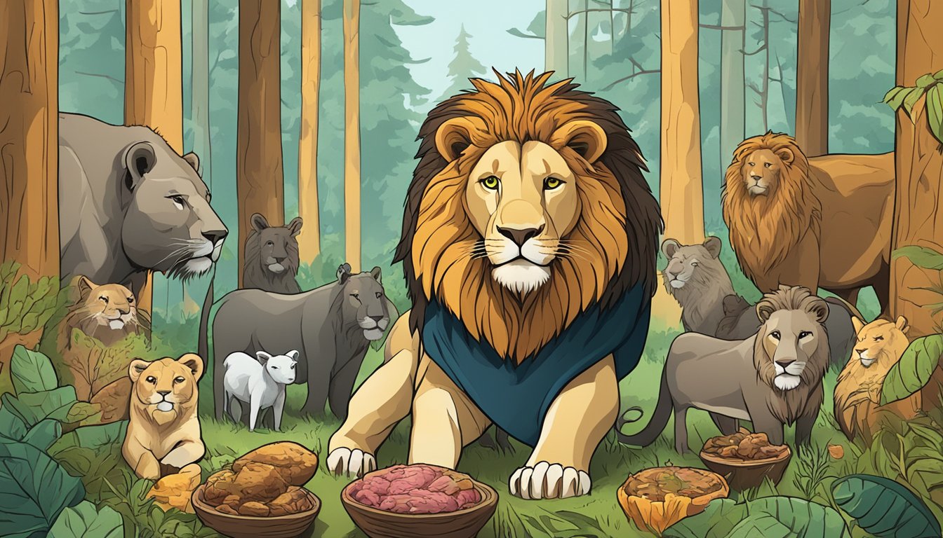 A lion standing in a forest, surrounded by other animals, with a sign reading "strange eats: lion meat" in the background