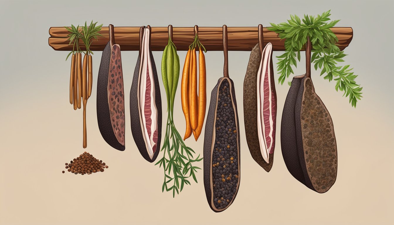 A kudu biltong hanging from a wooden rack, surrounded by traditional African spices and herbs