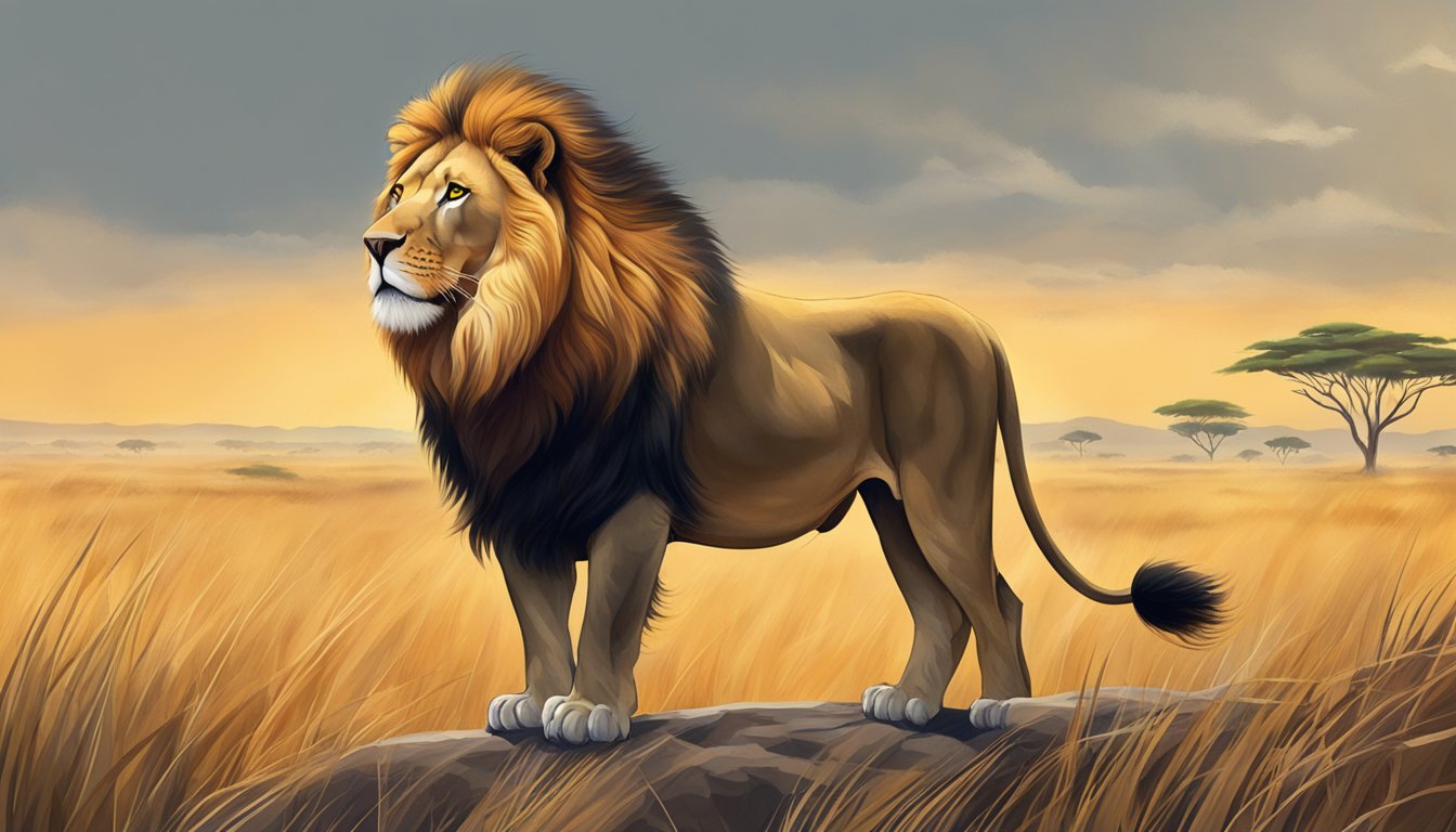 A lion standing proudly in the African savanna, its mane flowing in the wind as it gazes out over the vast landscape