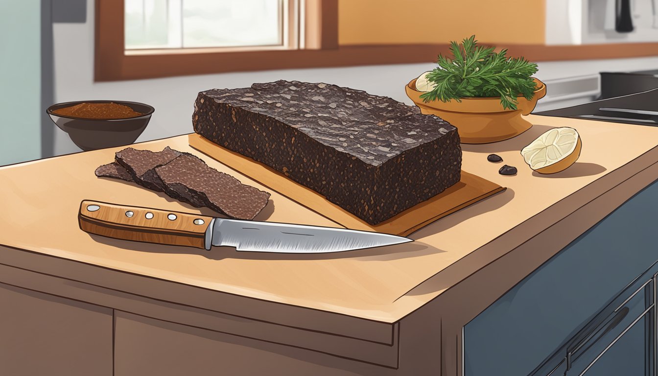 A kitchen counter with a plate of kudu biltong next to a knife and cutting board