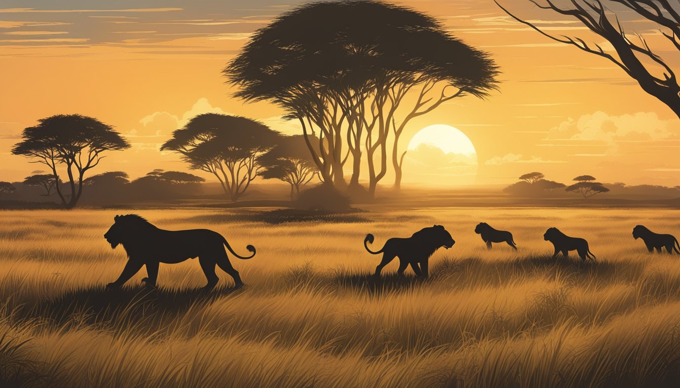 A group of lions roam freely in a lush savanna, their majestic forms silhouetted against the setting sun