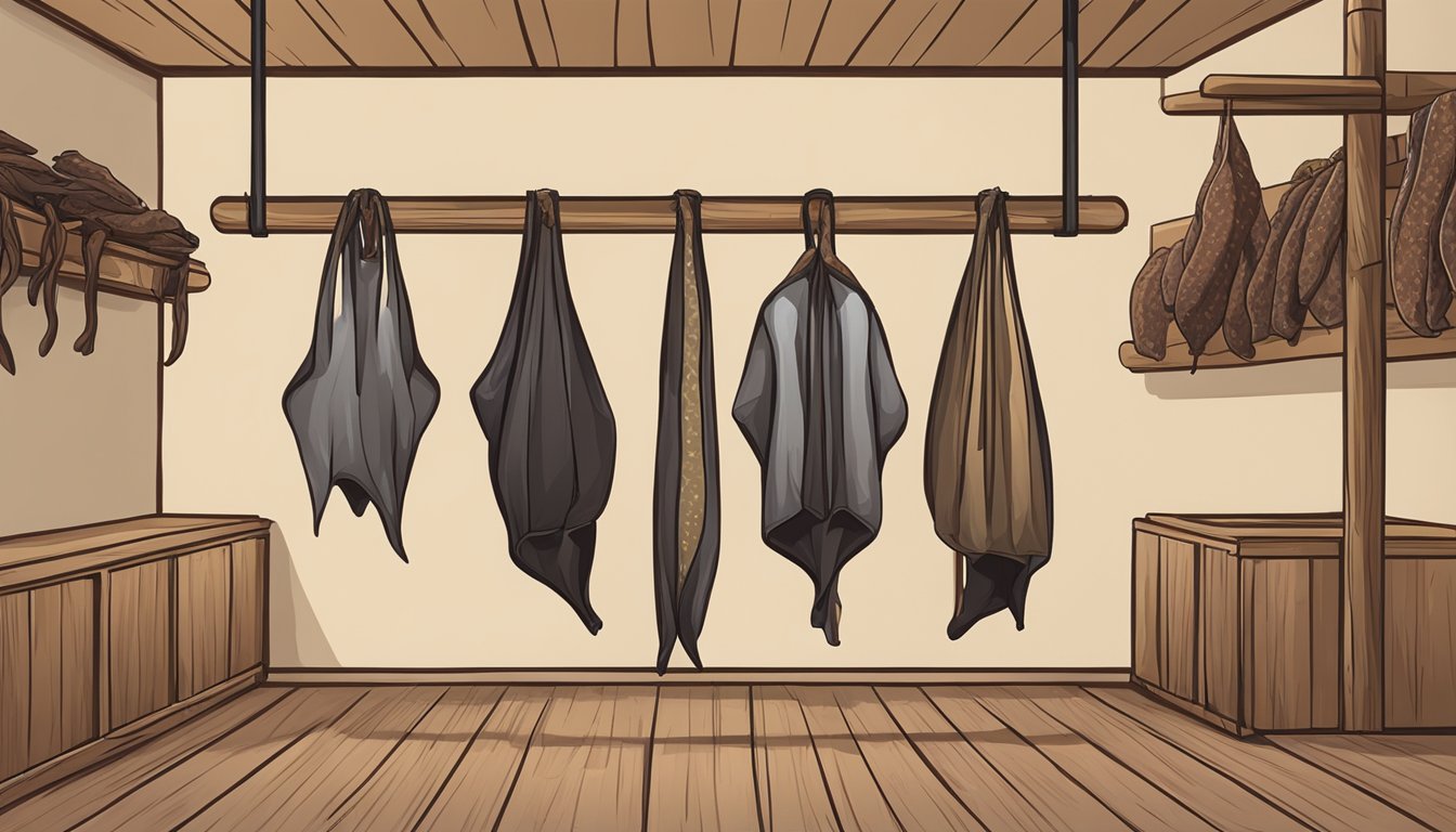 A kudu biltong hanging from a wooden rack in a dry, well-ventilated room