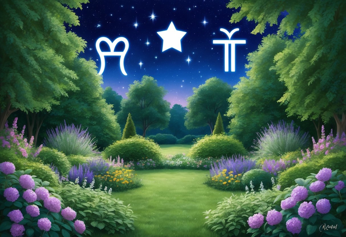 A serene garden with blooming flowers and lush greenery, under a starry night sky with the zodiac signs Virgo and Taurus shining brightly