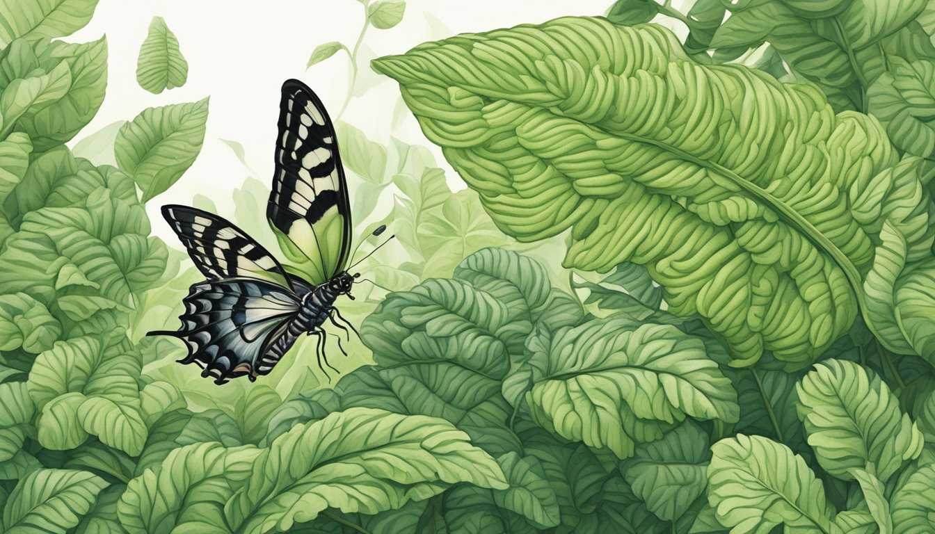 In a lush garden, larvae wriggle through green leaves. A butterfly flits nearby