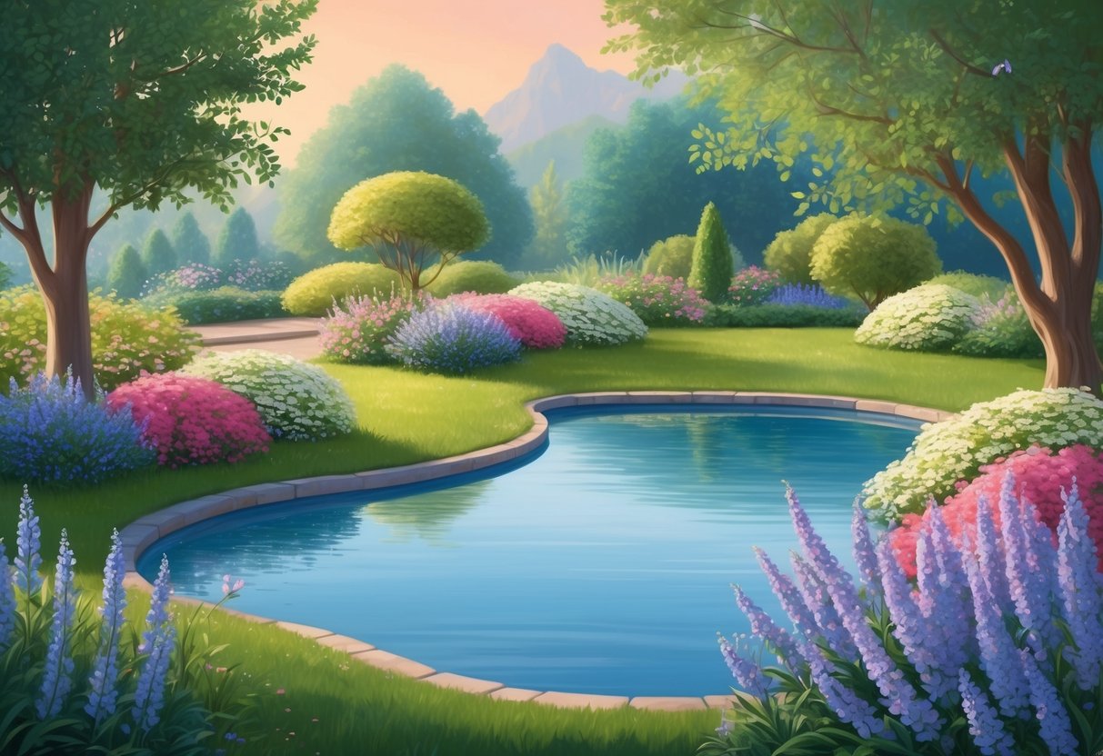 A serene garden with blooming flowers and a tranquil pond, symbolizing the harmonious and grounded connection between Taurus and Virgo