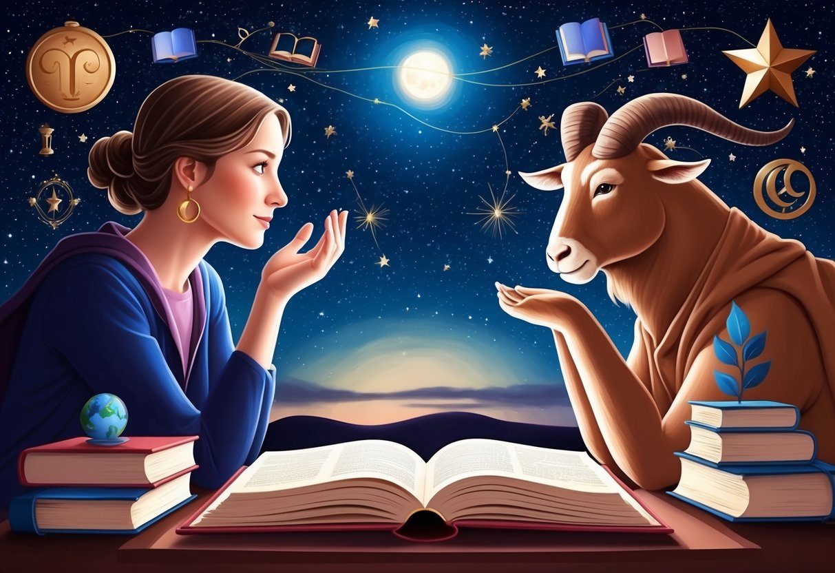 A virgo and taurus engage in deep conversation under a starry night sky, surrounded by books and symbols of knowledge