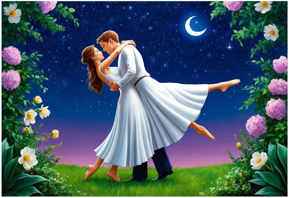 Two figures embrace under a starry night sky, surrounded by blooming flowers and lush greenery, their bodies entwined in a tender and intimate dance