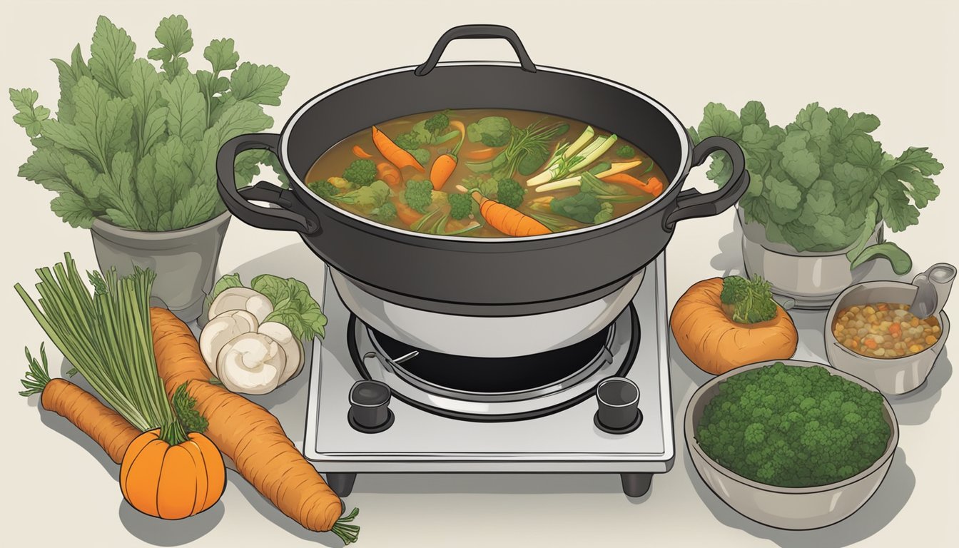 A pot simmering on a stove, filled with kangaroo tail, vegetables, and herbs. Steam rising from the pot as the soup cooks