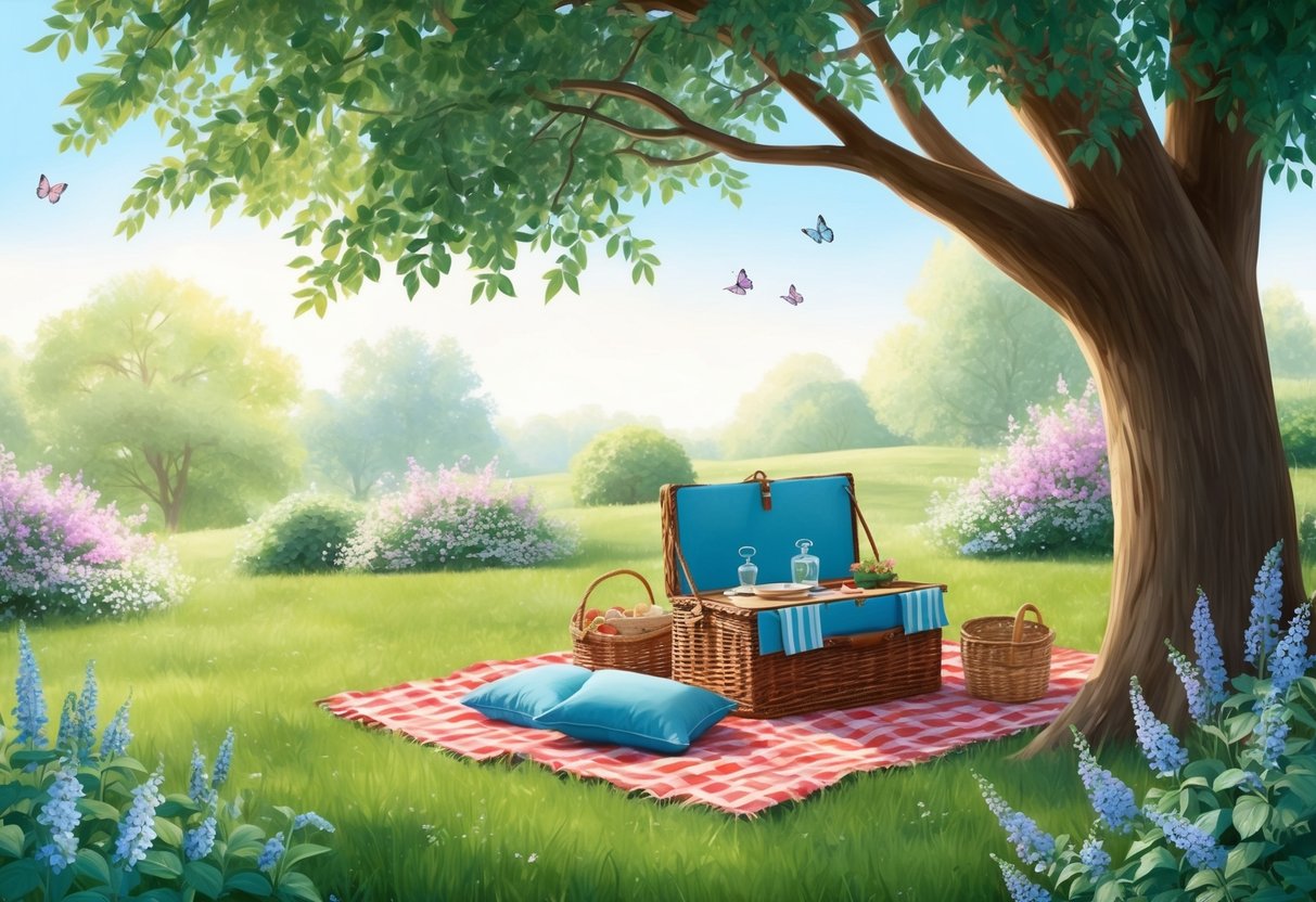 A serene garden with a cozy picnic set-up under a tree, surrounded by blooming flowers and a gentle breeze