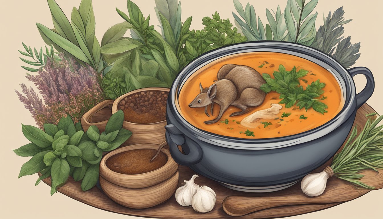 A steaming bowl of kangaroo tail soup surrounded by native Australian herbs and spices