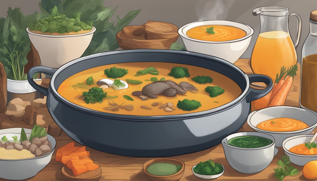 A simmering pot of kangaroo tail soup surrounded by various ingredients and alternative recipe options