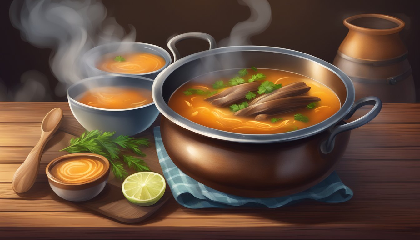 A simmering pot of kangaroo tail soup, rich in flavor and hearty in texture, steaming on a rustic wooden table