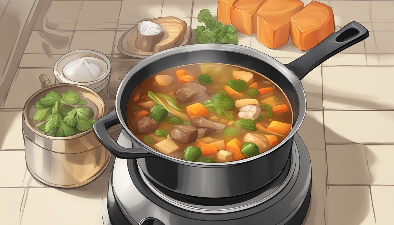 A pot simmering on a stove, filled with chunks of kangaroo tail, vegetables, and broth, emitting a savory aroma