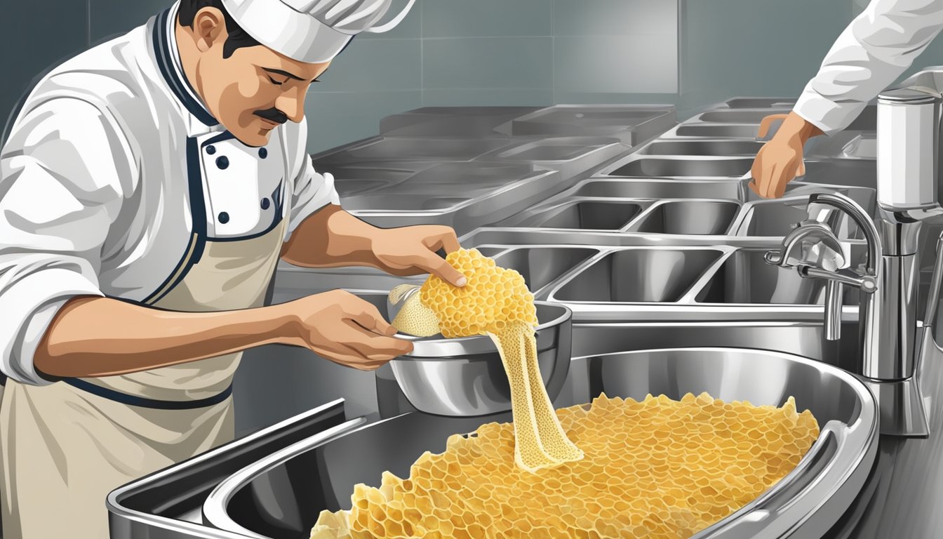 A chef slices and rinses honeycomb tripe in a stainless steel sink, preparing it for culinary use